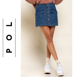 NWT POL Button Front Denim Mini Skirt with Two Front Flap Pockets